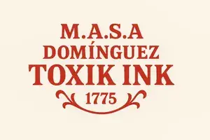 M.A.S.A Domínguez Toxik Ink logo in vintage dark red lettering on a cream background, with ‘1775’ and decorative flourishes below.