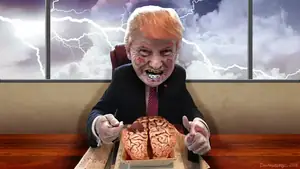 Caricature-style image of a man resembling Donald Trump seated at a table with an exposed brain on a tray, lightning visible through the windows behind him.