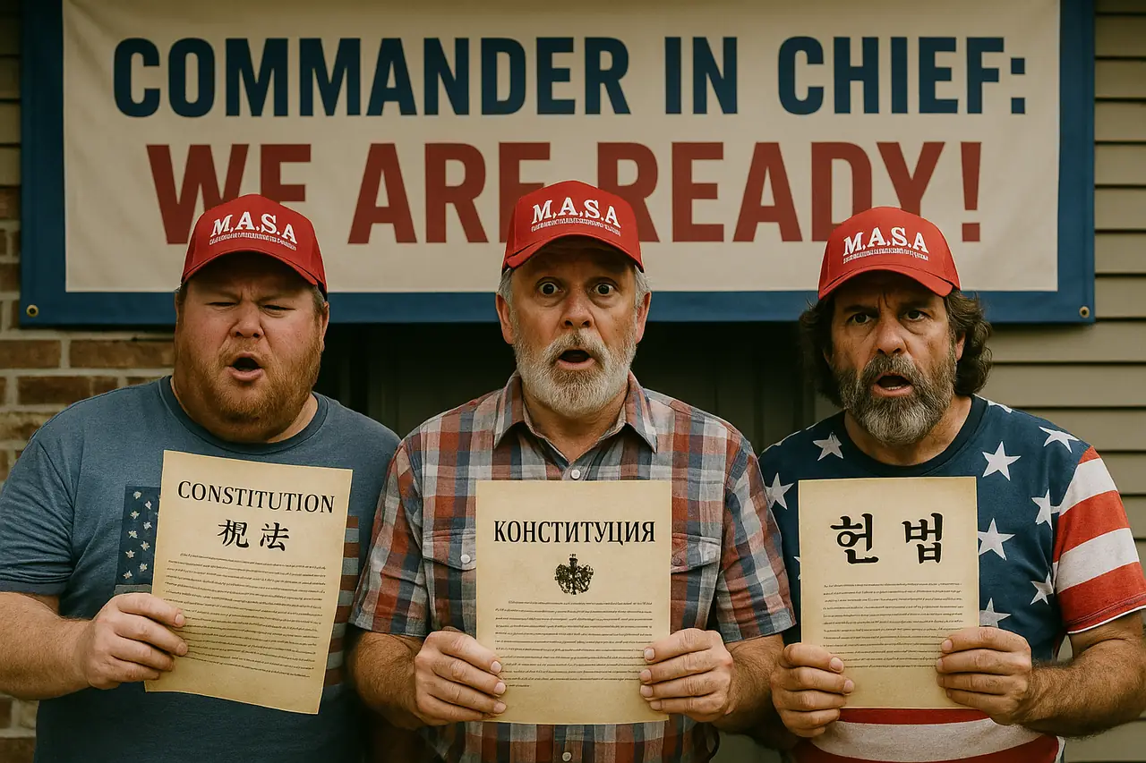Three men wearing red M.A.S.A. caps hold documents labeled Constitution in different languages beneath a banner reading Commander in Chief: WE ARE READY!