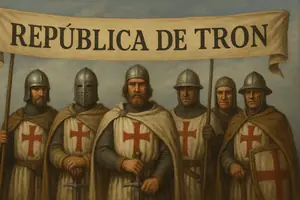Medieval-style illustration of armored knights in white tunics with red crosses standing beneath a banner that reads ‘República de Tron.’