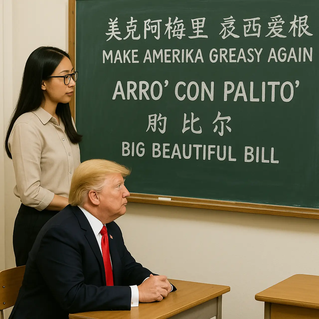 The President tries to learn a totalitarian language.