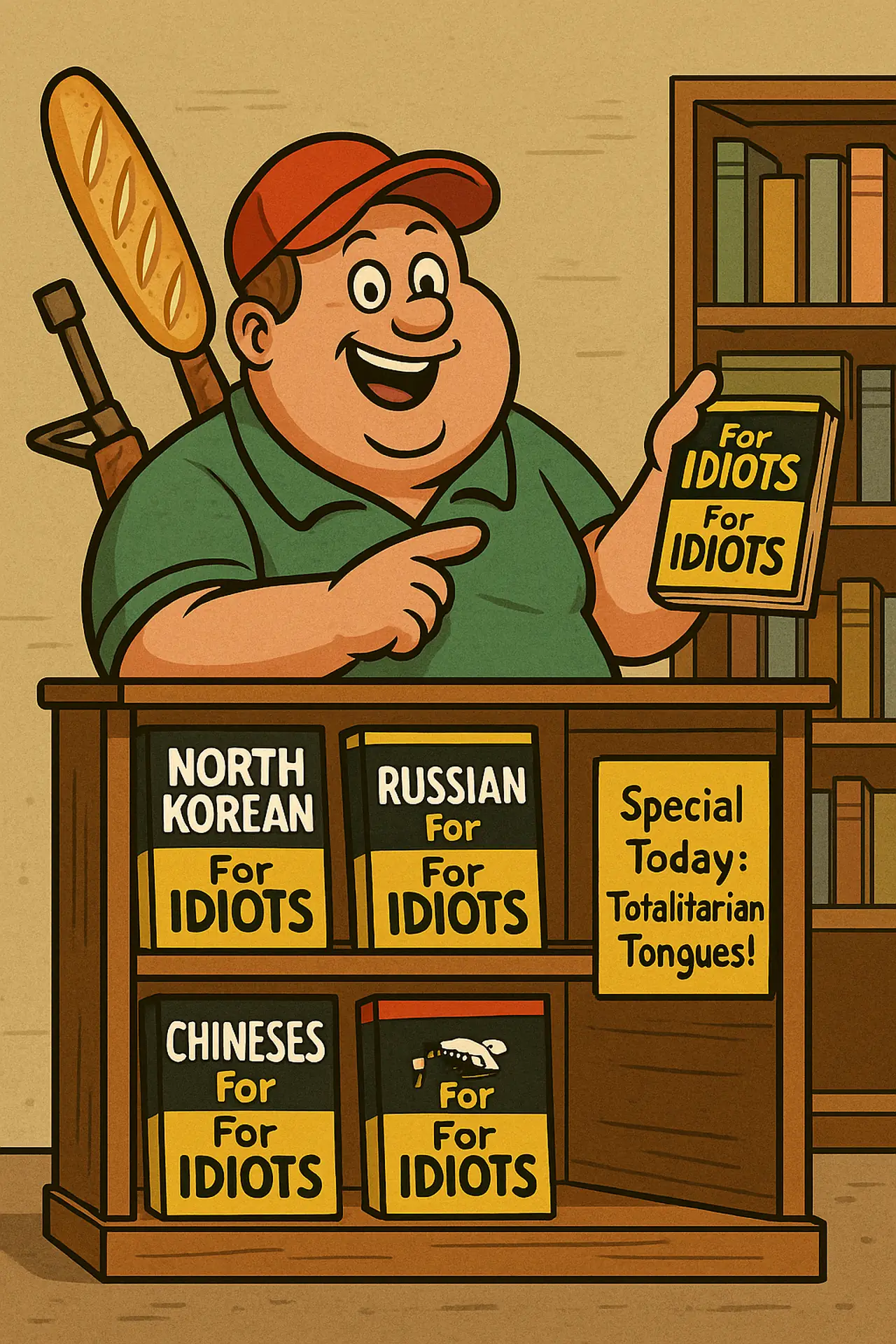M.A.S.A salesman sells books teaching totalitarian languages to idiots.