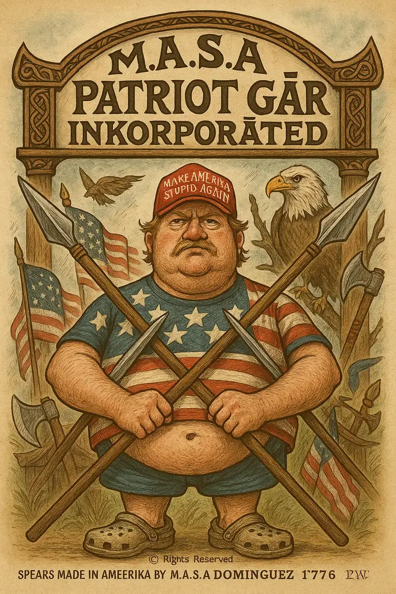Charicature of a patriot selling MAGA gear.