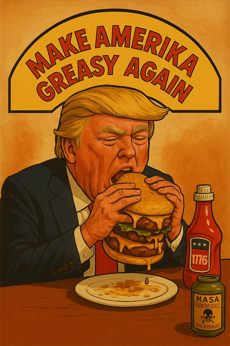 Trump devouring greasy burger under MAGA slogan